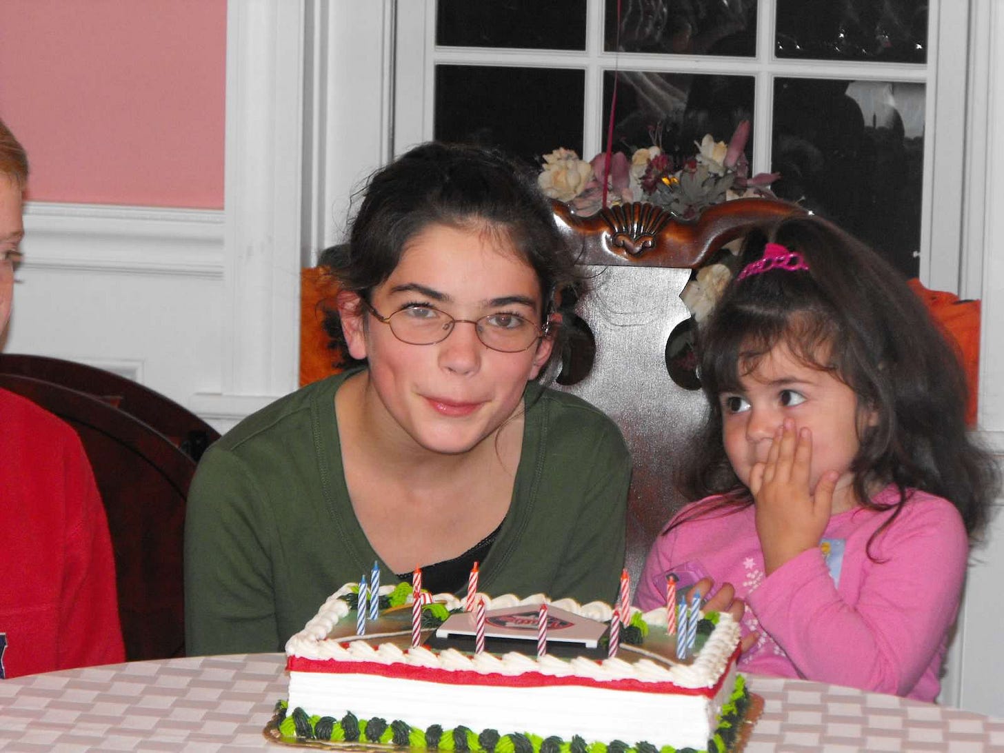A four-year-old girl helping her 12-year-old girl cousin blow out the candles on a birthday cake