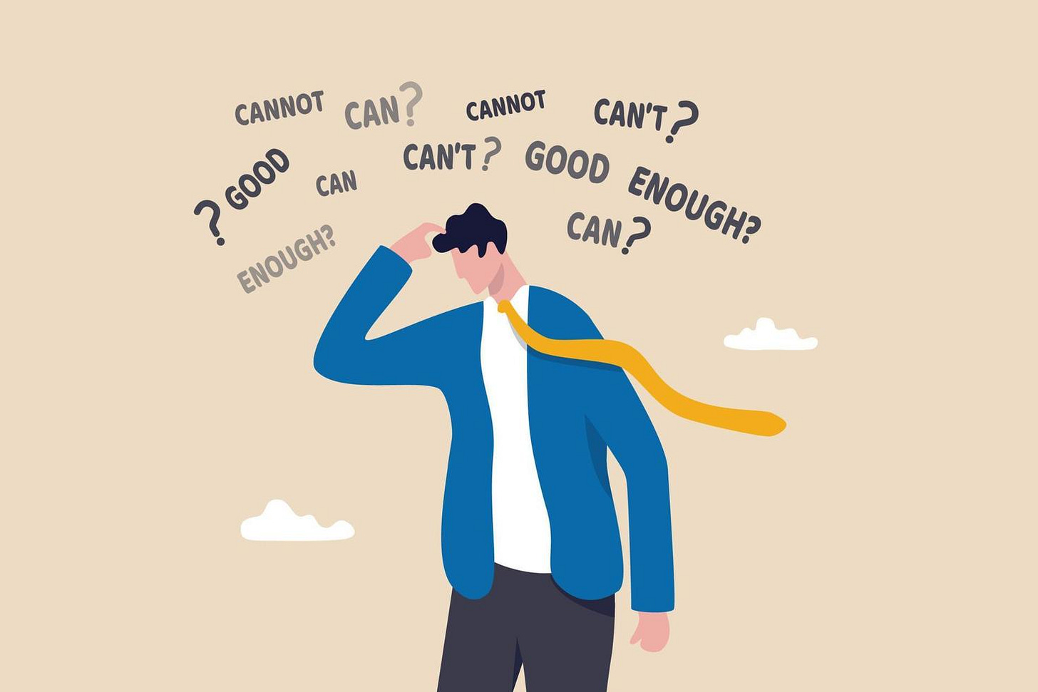Self doubt, imposter syndrome or personal incompetence, confusion or no  confidence to make decision or not good enough thinking concept, self doubt  businessman thinking if he can or cannot make it. 5878230