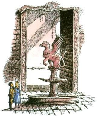 Digory and Polly observe a statue in Charn in Pauline Baynes’ original illustration. Digory and Polly observe a statue in Charn in Pauline Baynes’ original illustration.