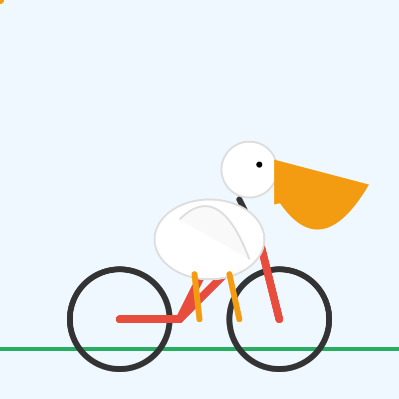 Flat minimalist illustration of a white pelican with a large orange beak riding a red bicycle with black wheels, against a pale blue background with a green line representing the ground Flat minimalist illustration of a white pelican with a large orange beak riding a red bicycle with black wheels, against a pale blue background with a green line representing the ground