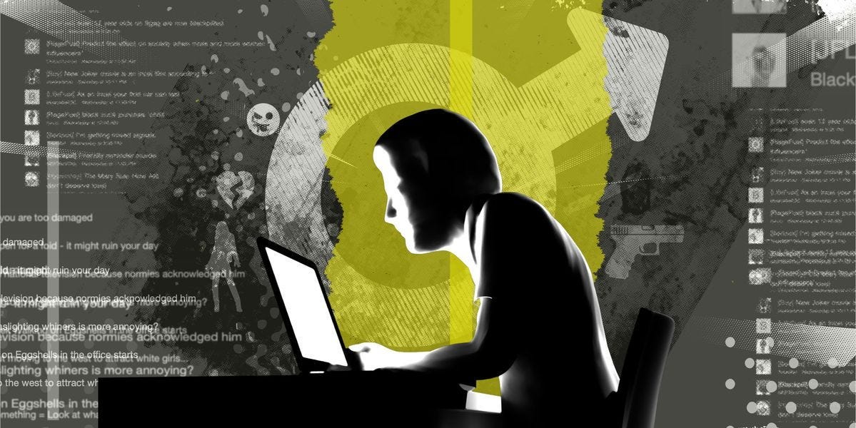 Artwork depicting a man on a laptop. The gender symbol for a man is in the background prominently, along with a gun on the right, and a broken heart, emoticon, and a woman on the left.