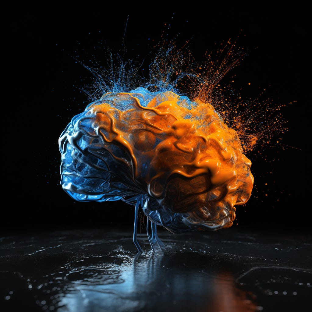 A picture expressing experiential intelligence, orange, blue, white, dark background