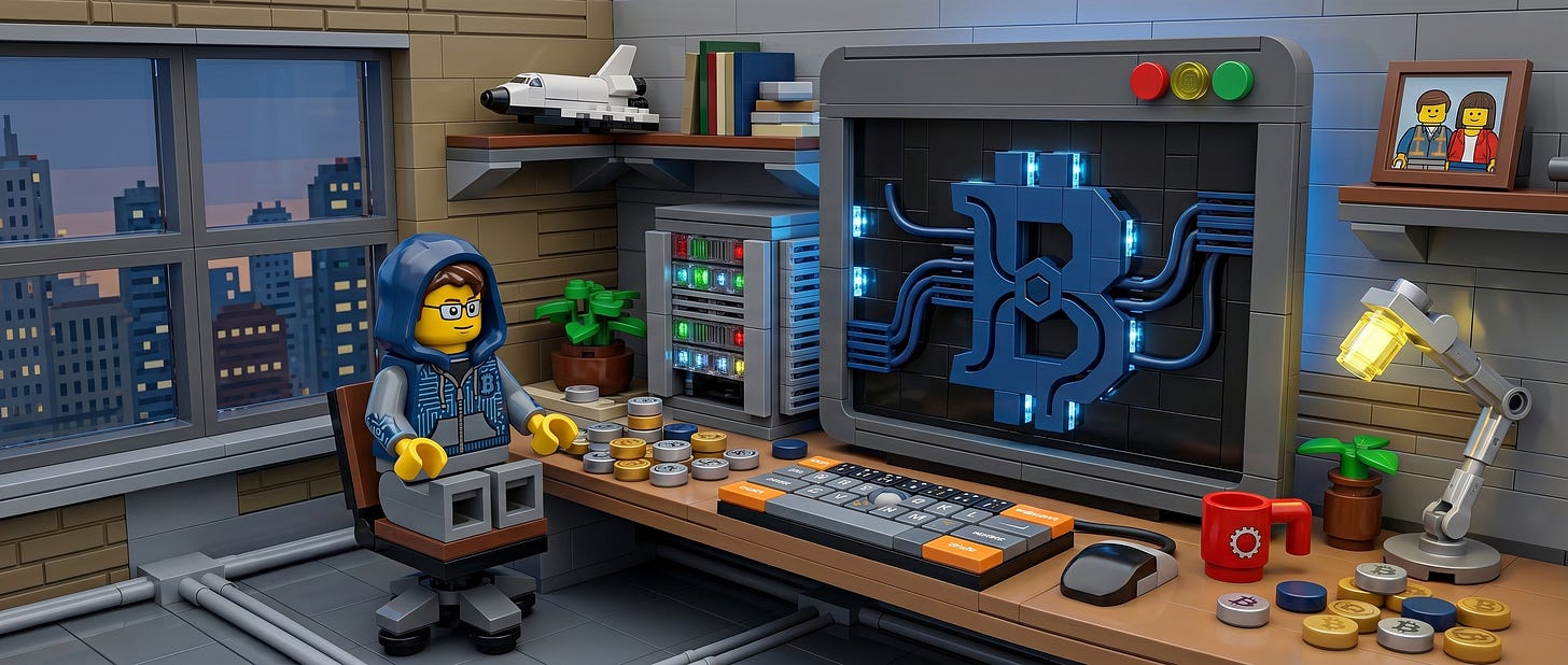 A detailed Lego-style scene of a minifigure wearing a blue hoodie and glasses sitting at a wooden desk inside an office. The computer monitor displays a blue, circuit-wired "B" logo for BrowserCoin, surrounded by an open-source server rack, piles of silver and gold Lego coins, a keyboard, a red mug, and a desk lamp, with a brick-built city skyline visible through the window at dusk.