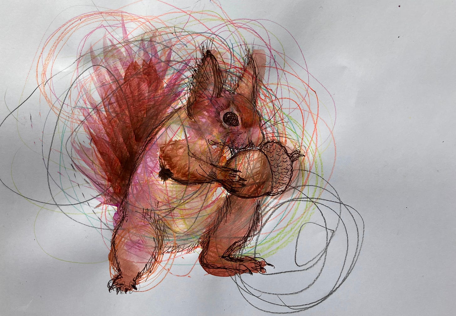 Mixed media artwork featuring a squirrel hoarding an acorn Mixed media artwork featuring a squirrel hoarding an acorn
