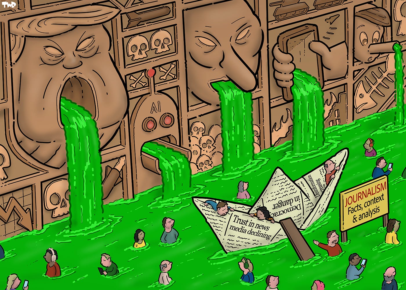 Cartoon showing a wall with sculptures. Giant sculptured heads of Trump, Putin and Pinocchio are spewing forth green liquid from their mouths and long nose respectively, while the rest of the wall is adorned with sculptured skulls. Next to this wall, people are wading through a rising tide of green liquid. A boat made of a newspaper floats in the middle with a sign that reads 'Journalism: Facts, context & analysis'. A person is trying to get people on board, but they walk by, most ignoring the boat entirely. The few people on the newspaper boat are staring at a headline printed on the side of the boat that reads 'Trust in news media declining'.