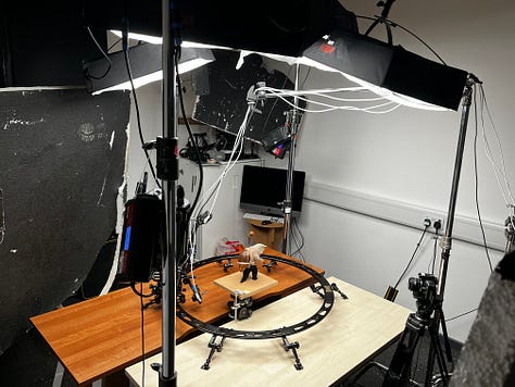 photo of animator adjusting model; illustrations of stop motion model; the rig used to take the capture of model