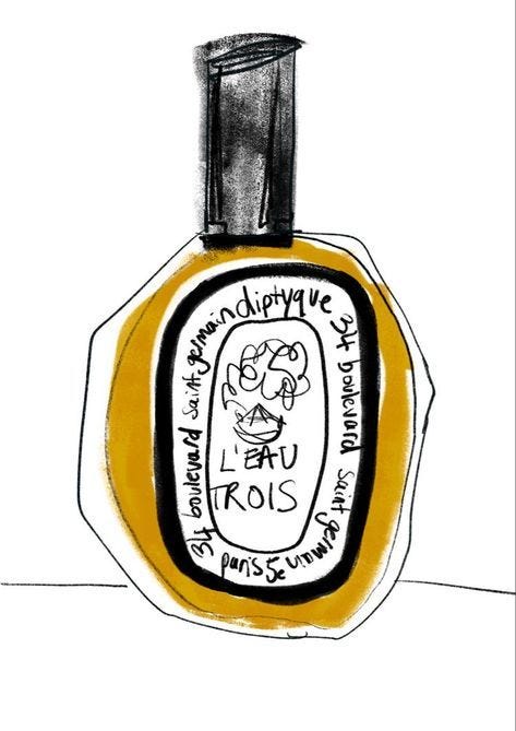 This may contain: an ink drawing of a yellow bottle with writing on the top and bottom half of it