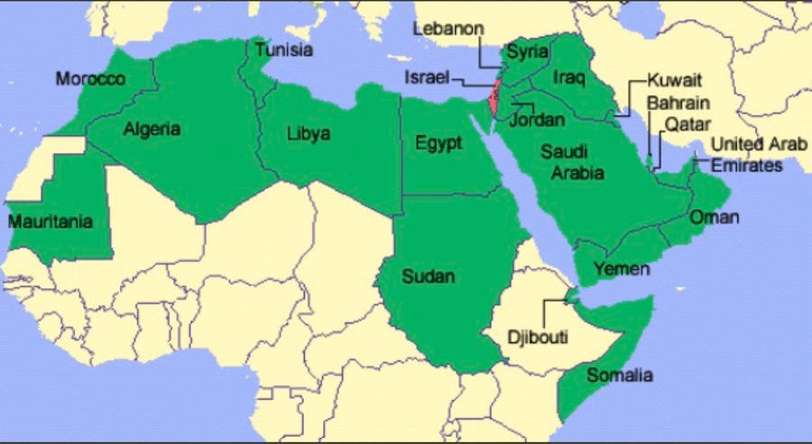 The image is a map of the Middle East and North Africa, highlighting the geopolitical context described in the post by Hillel Fuld. Israel is marked as a tiny red dot, surrounded by a vast expanse of green representing Arab countries. The post text emphasizes the size disparity, noting that the Arab world is significantly larger than Israel, yet there is ongoing conflict over the land. Countries like Egypt, Saudi Arabia, Iraq, and others are shown in green, illustrating the vast territory in comparison to Israel. The map visually underscores the tension and land disputes mentioned in the post, providing a clear geographical context to the political narrative.