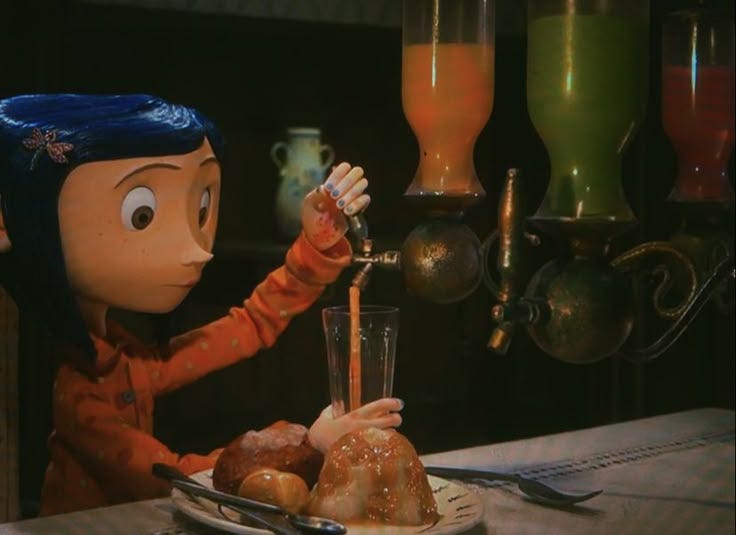 This may contain: a cartoon character holding a fork over a plate of food