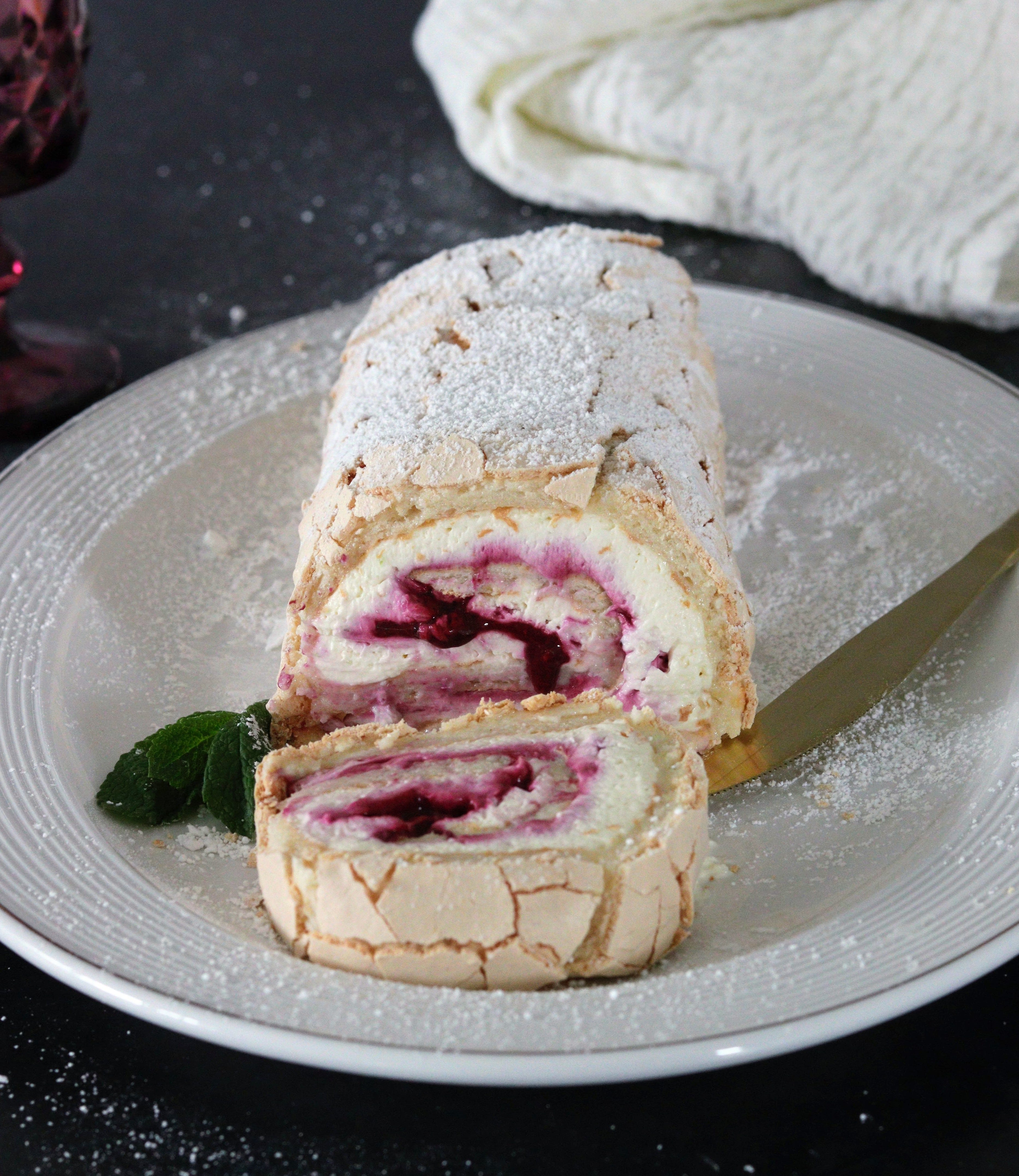 Blackcurrant and Lime Meringue Roulade - by Shell Plant