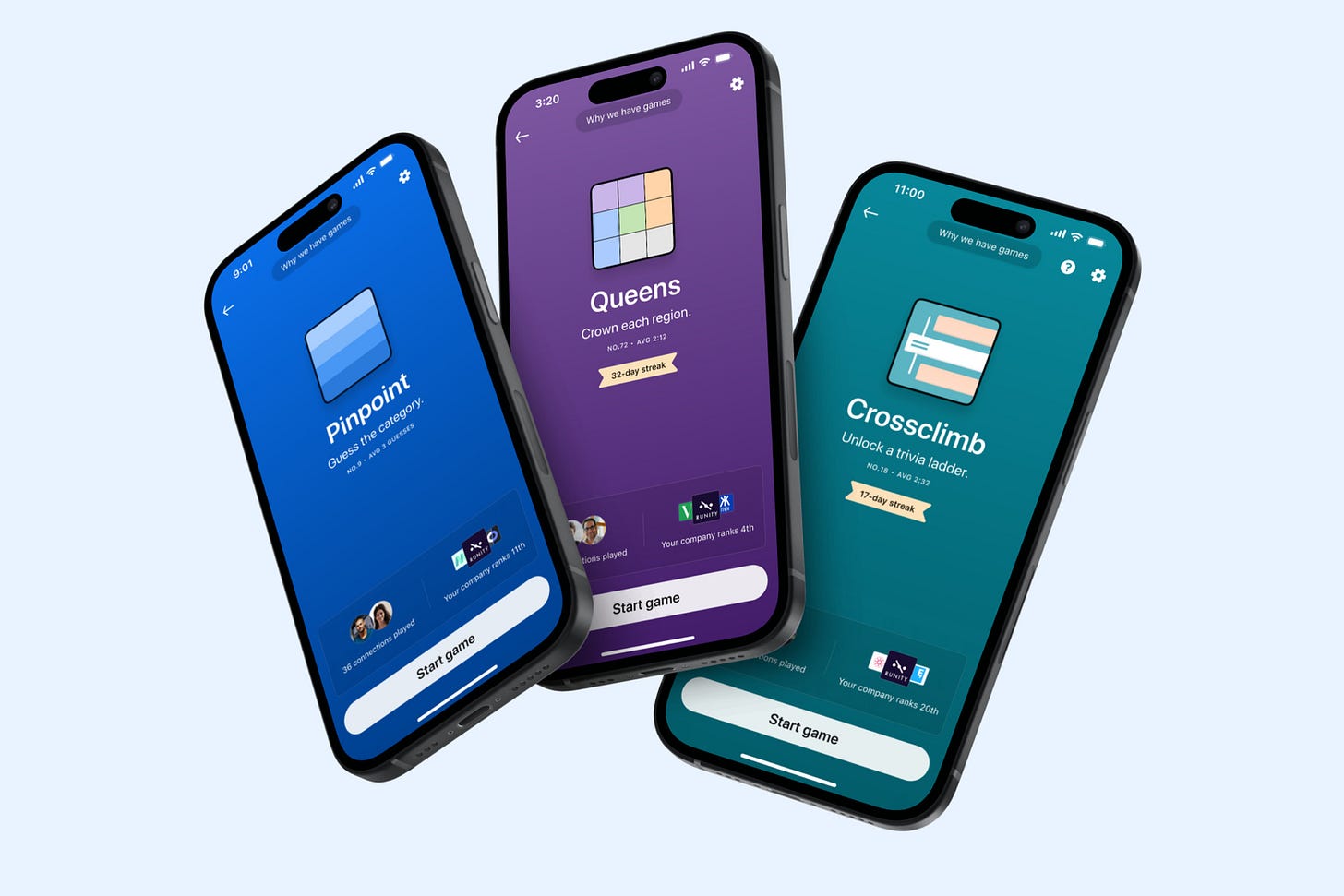 Immagine delle nuove offerte di giochi puzzle di LinkedIn: Pinpoint, Queens e Crossclimb, visualizzata su tre telefoni cellulari neri.