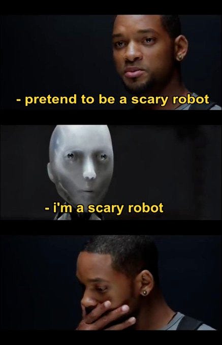 This meme consists of three images arranged vertically. The first image shows Will Smith, known for his role in the movie "I, Robot", with a serious expression. The text overlay reads "- pretend to be a scary robot". The second image features a robot from the same movie, with the text "- i\'m a scary robot". The third image shows Will Smith again, this time with a hand covering his face in a humorous, exasperated manner. The post text describes this meme as "evergreen", indicating its timeless humor. There are no watermarks from platforms like Instagram, TikTok, or Xiaohongshu present. This meme consists of three images arranged vertically. The first image shows Will Smith, known for his role in the movie "I, Robot", with a serious expression. The text overlay reads "- pretend to be a scary robot". The second image features a robot from the same movie, with the text "- i\'m a scary robot". The third image shows Will Smith again, this time with a hand covering his face in a humorous, exasperated manner. The post text describes this meme as "evergreen", indicating its timeless humor. There are no watermarks from platforms like Instagram, TikTok, or Xiaohongshu present.