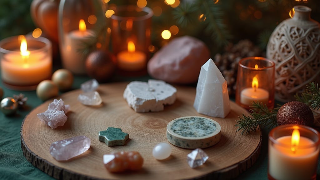 Close-up of a Wiccan altar with crystals and seasonal decorations Close-up of a Wiccan altar with crystals and seasonal decorations