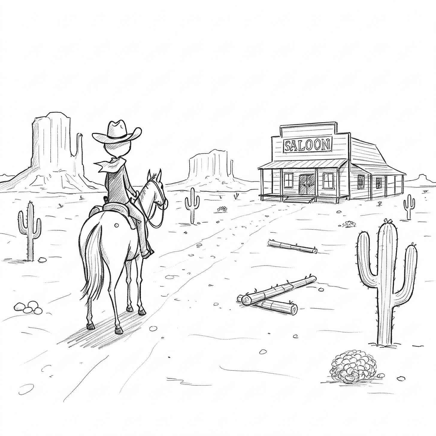 pencil sketch, comic style, stick man style, simple style, white background, of the wild west