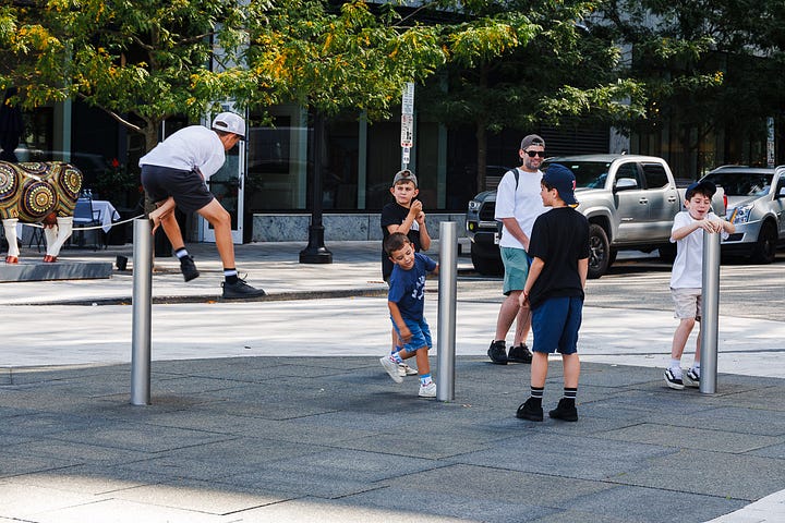images of people taken playing games at arcade, stretching yoga style in a park, boating, and playing with parking stansions in a quadtich.