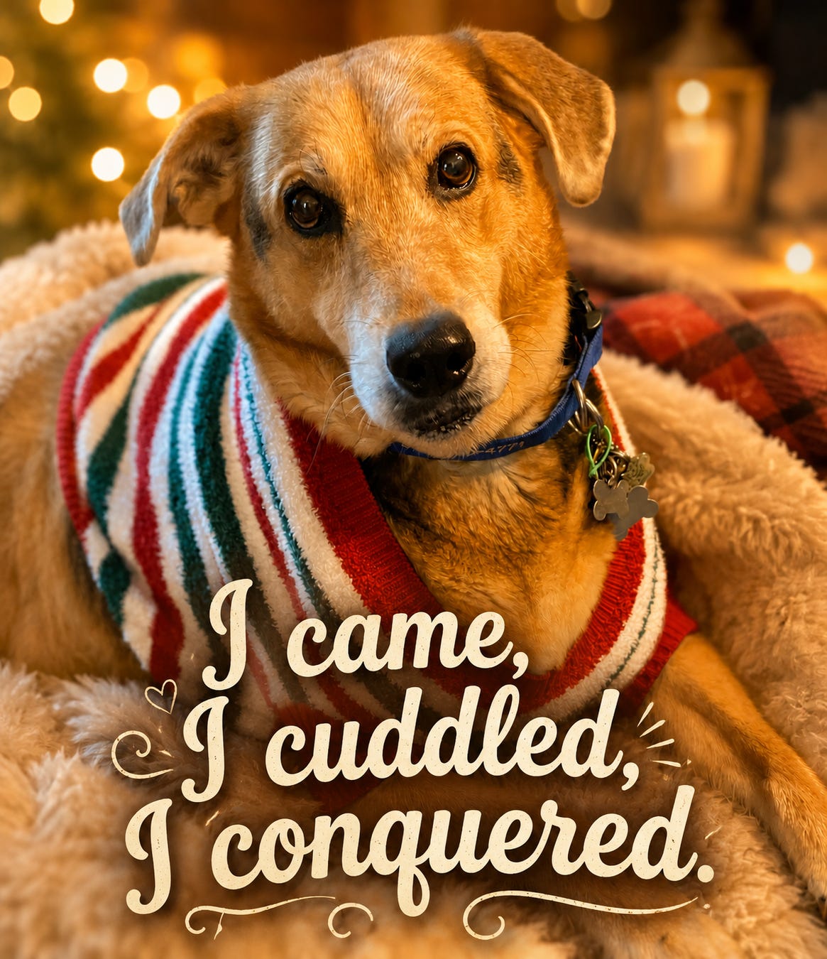 My dog nesled in a blanket at Christmas
