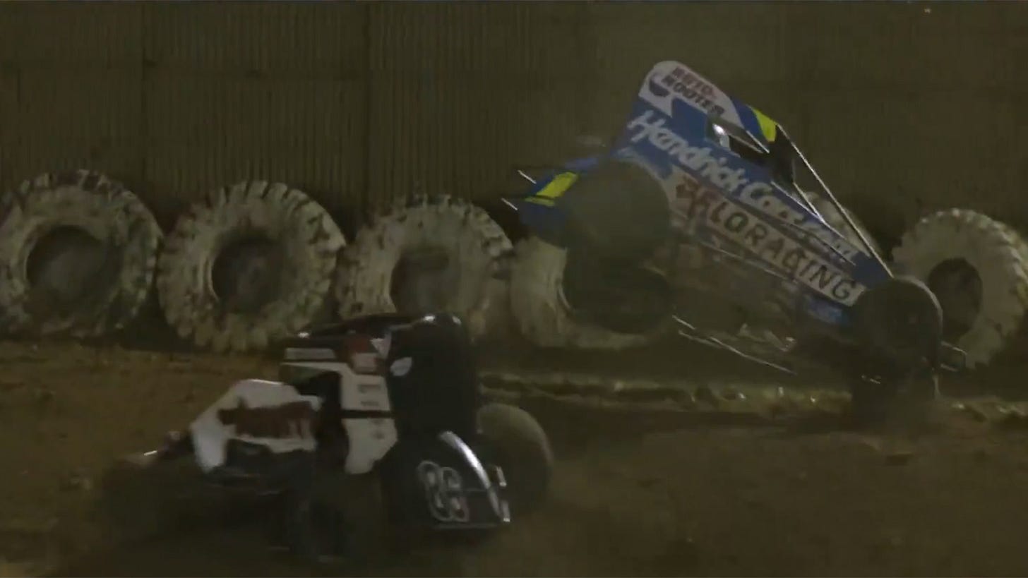 Kyle Larson tumbled out of the lead in the Hangtown 100 at Placerville after contact from Daison Pursley Kyle Larson tumbled out of the lead in the Hangtown 100 at Placerville after contact from Daison Pursley