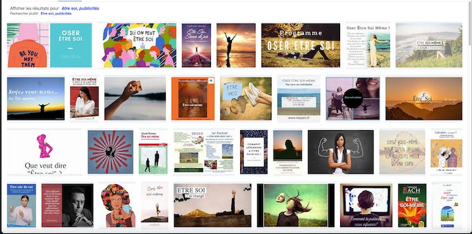 Patchwork d’images de couvertures d’affiches publicitaires, livres, sur le thème Etre soi-même