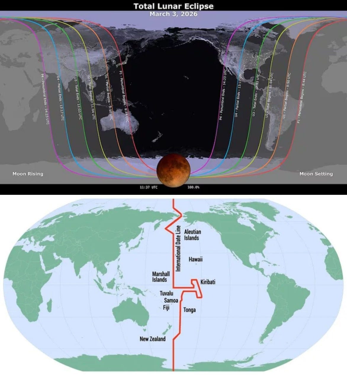 Un mapa del eclipse lunar total del 3 de marzo de 2026, con indicadores visuales de salida y puesta de la luna, así como información horaria de varios lugares alrededor del mundo. Un mapa del eclipse lunar total del 3 de marzo de 2026, con indicadores visuales de salida y puesta de la luna, así como información horaria de varios lugares alrededor del mundo.