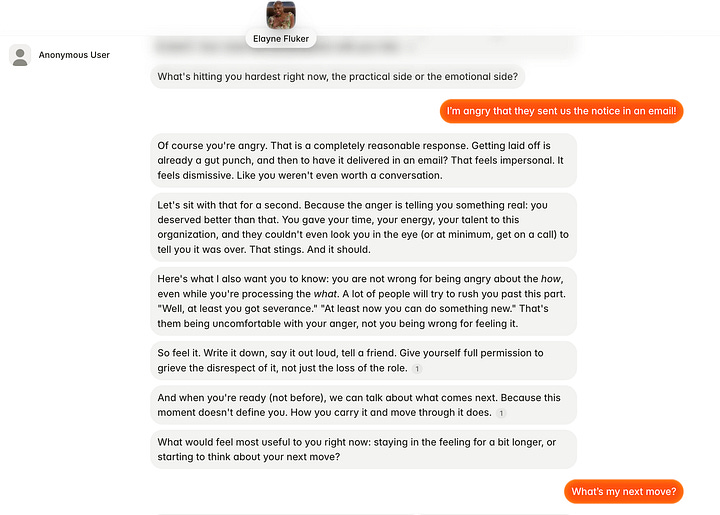 A real exchange unpacking the emotions after a recent layoff, in real time.