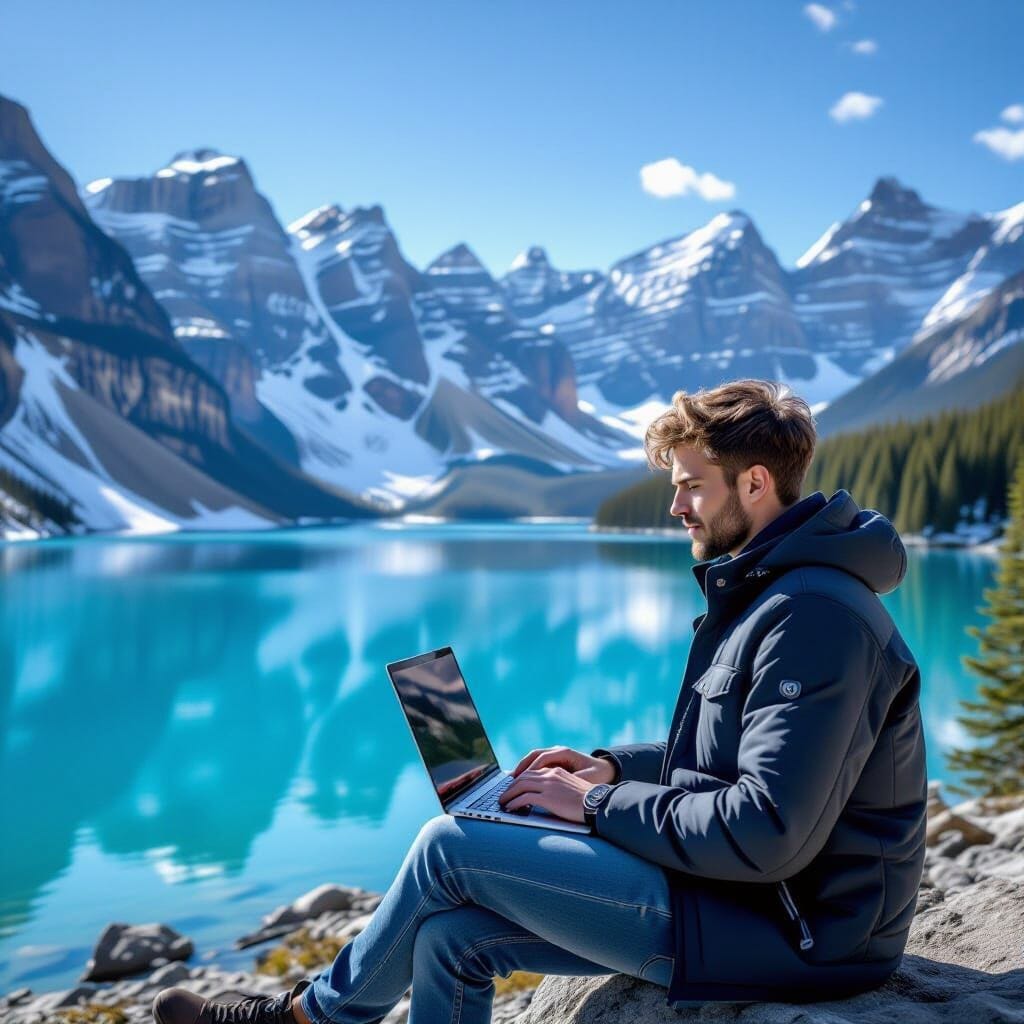 "An awe-inspiring 8K photograph capturing a handsome young man positioned on a scenic overlook working on a laptop besid...