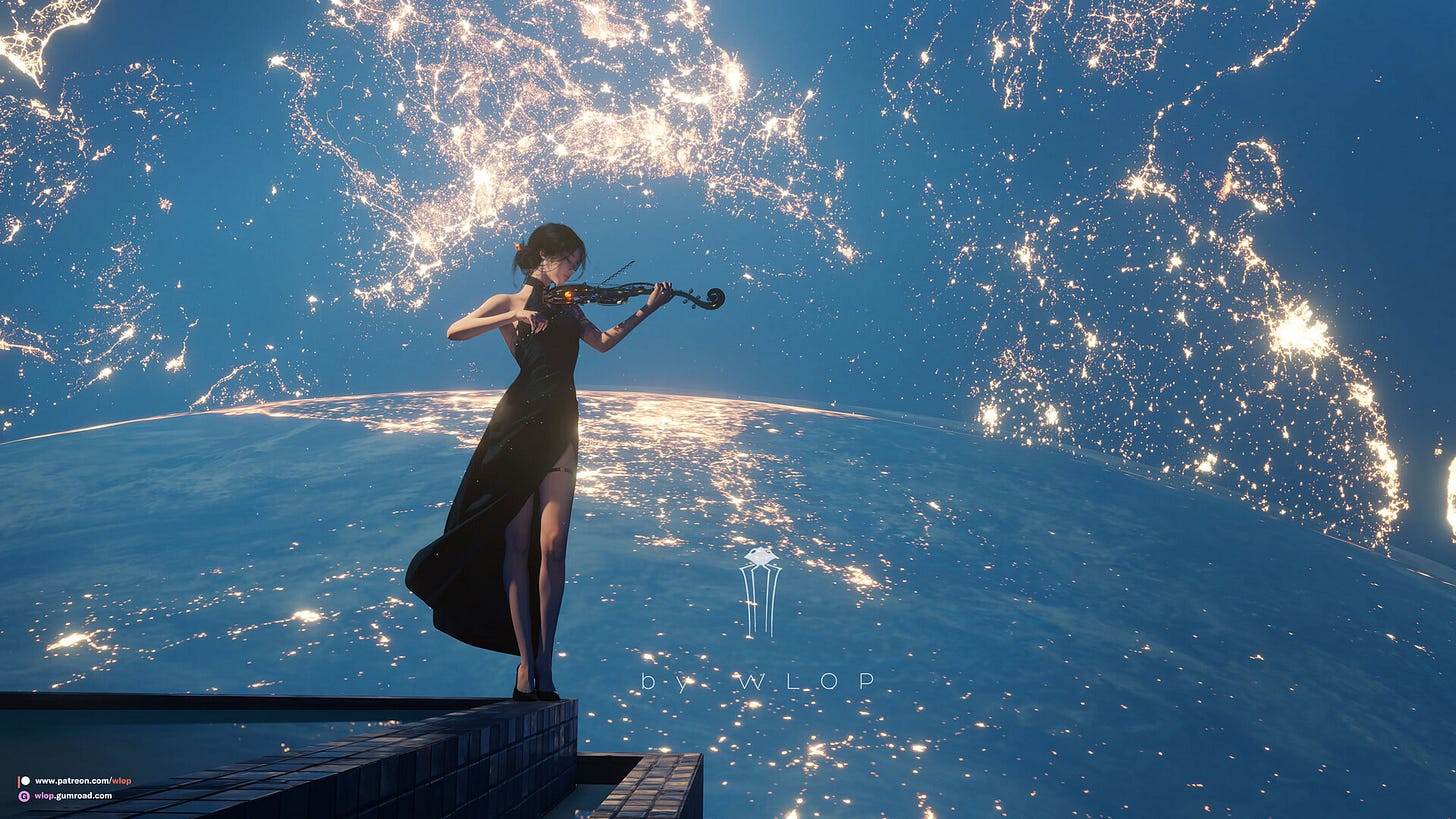 General 1920x1080 women drawing stars horizon violin playing black dress digital art watermarked dress musical instrument lights WLOP