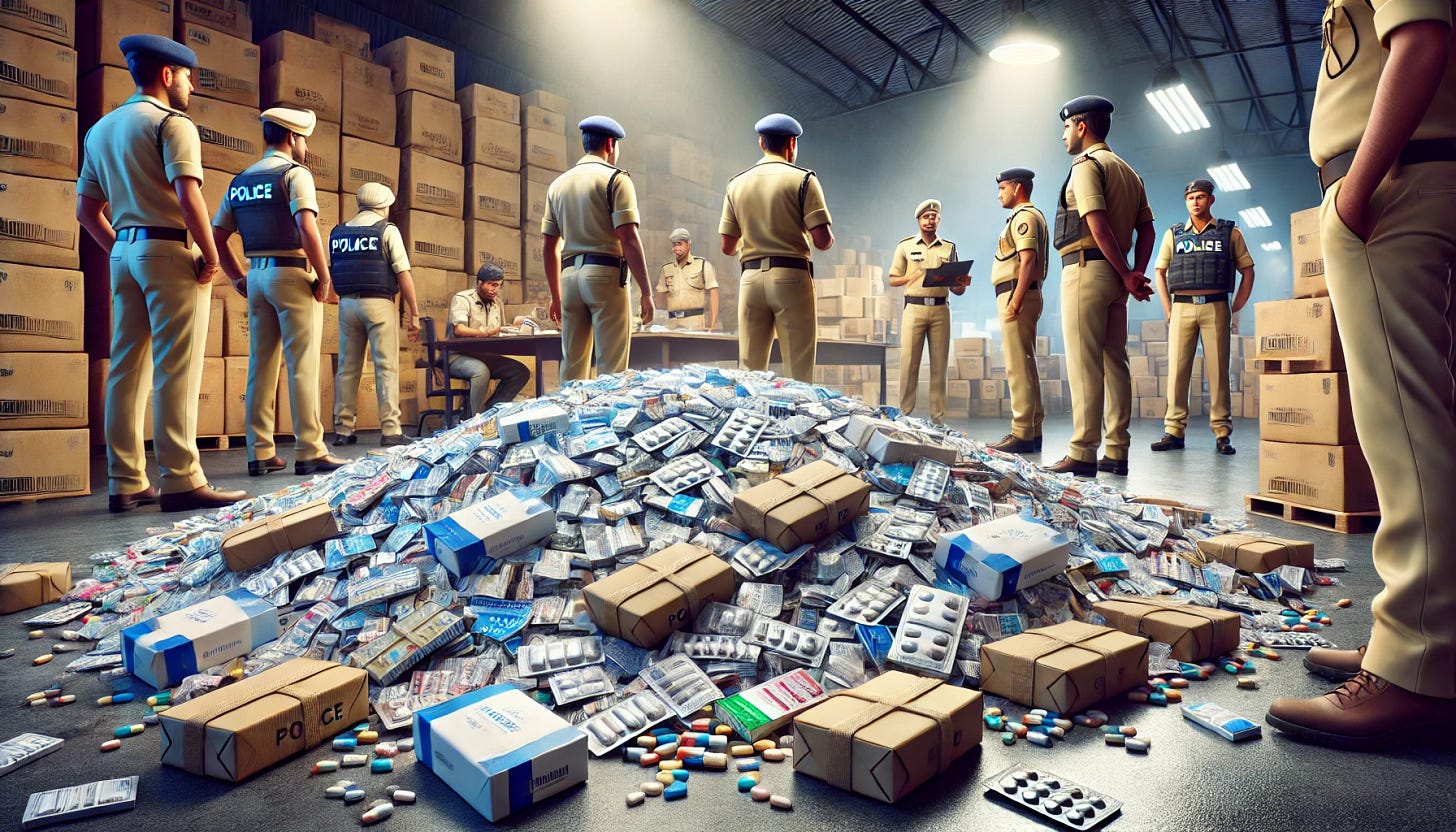 A realistic news illustration showing a pile of counterfeit medicine packaging and pills in a warehouse setting, surrounded by Indian police officers in khaki uniforms inspecting them. The scene includes plain, unlabeled boxes and blister packs of suspicious pharmaceutical products. The atmosphere reflects an Indian setting, with authorities examining the confiscated items, emphasizing the urgency of the operation. Bright lighting highlights the seized items and the activity of the officers, with no text or logos visible anywhere in the scene.
