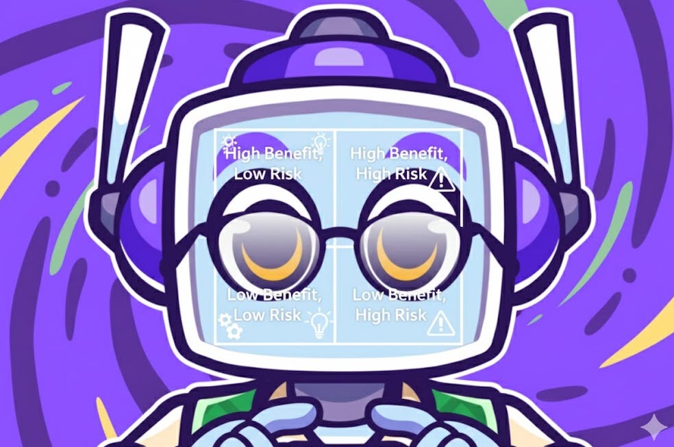 A rectangular image featuring the Neuralbuddy character. The character's face is a screen displaying a risk-benefit analysis matrix with four quadrants: High Benefit, Low Risk; High Benefit, High Risk; Low Benefit, Low Risk; and Low Benefit, High Risk. The background is a vibrant purple (#8c52ff) with a creative gradient pattern using the character's primary colors, extending fully to all edges.