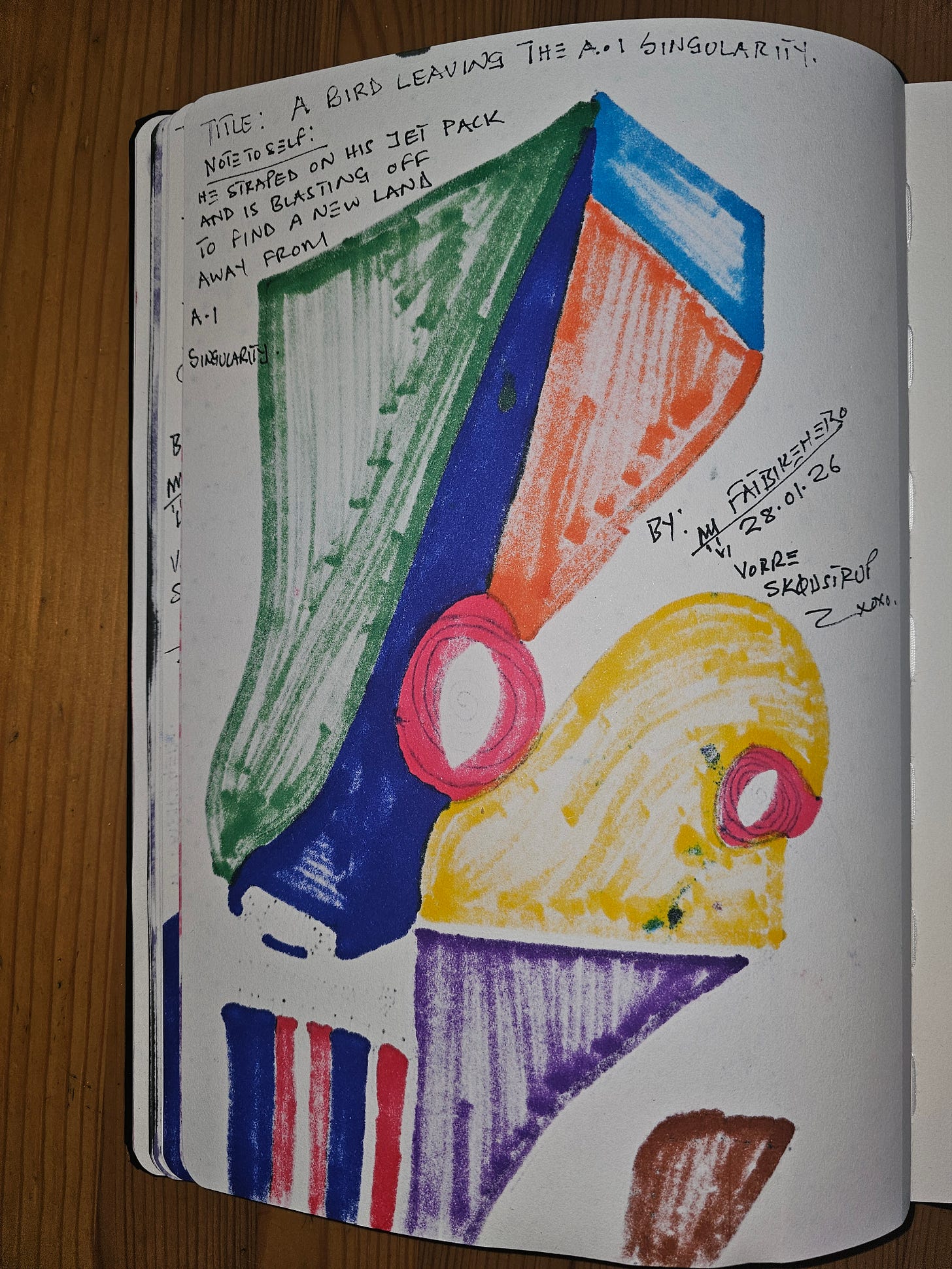 **Verso image alt text:** “Handwritten artist note describing a bird escaping the AI singularity, verso of drawing by FatbikeHero.” **Verso image alt text:** “Handwritten artist note describing a bird escaping the AI singularity, verso of drawing by FatbikeHero.”