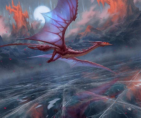 A vast red-and-blue dragon soars through the evening sky, fire in its eyes and maw