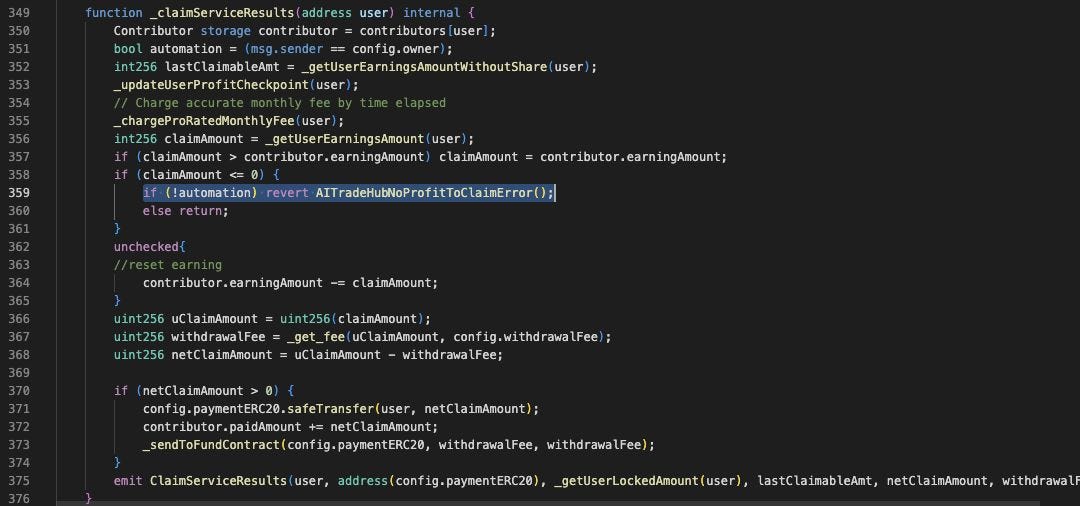Figure 4. AITradeHubContract.sol, lines 349–376: claim updates the checkpoint, applies the earnings cap and fees, then pays the user. Figure 4. AITradeHubContract.sol, lines 349–376: claim updates the checkpoint, applies the earnings cap and fees, then pays the user.