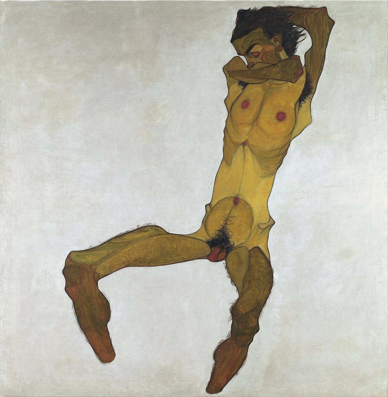 Egon Schiele, Seated Male Nude (Self-Portrait), 1910, Leopold Museum, a gaunt yellow-green nude hanging in an empty white ground Egon Schiele, Seated Male Nude (Self-Portrait), 1910, Leopold Museum, a gaunt yellow-green nude hanging in an empty white ground