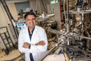 Bharat Jalan and his research group discovered a surprising magnetic behavior in a thin metallic oxide material using an advanced materials growth technique that the group created. Photo credit: University of Minnesota