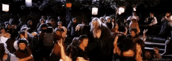 Gandalf and Hobbits dancing at Bilbo's birthday party