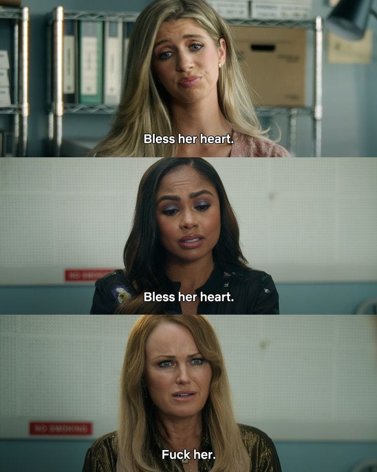 This may contain: two women talking to each other with the caption that says, please her heart