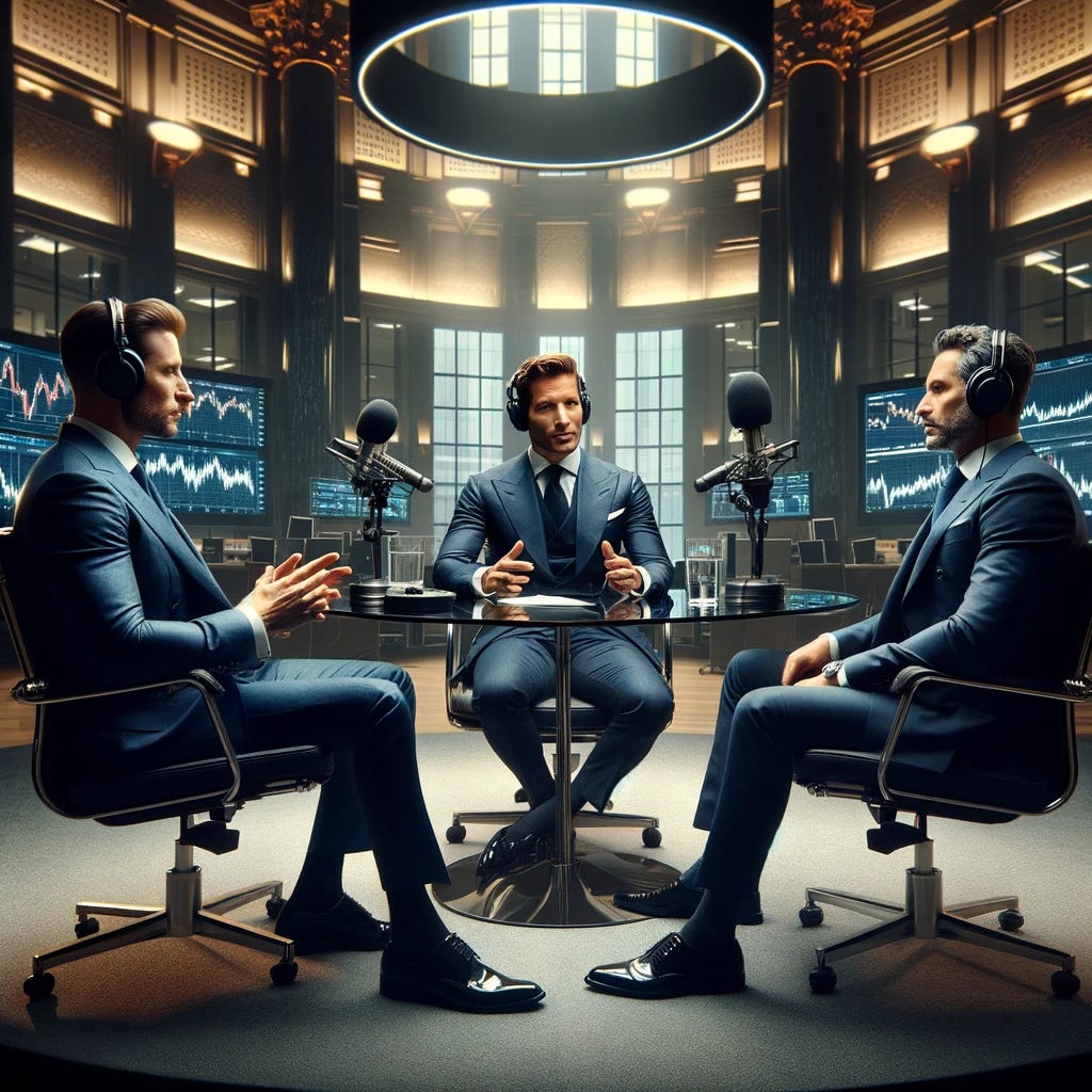 Inside a luxurious podcast studio located within a large investment bank, three alpha males are seated around an elegant glass table, each dressed in sharp, tailored suits, embodying the essence of professional success and financial acumen. The central figure, with a commanding presence, leads a sophisticated discussion on market trends and financial strategies, his voice confident and persuasive. The other two, equally distinguished in appearance and demeanor, contribute with deep insights, reflecting their expertise in the high-stakes world of finance. The studio is adorned with elements of corporate luxury, including high-end microphones, sleek headphones, and digital screens displaying real-time market data. This setting combines the intensity of financial markets with the engaging format of a podcast, offering listeners an insider’s perspective on the dynamics of investment banking.
