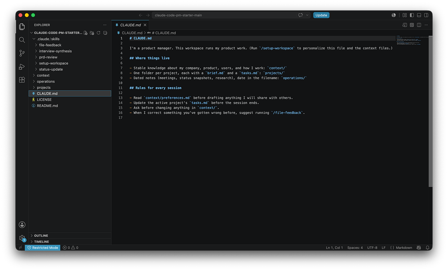 VS Code with the starter workspace open. The left explorer panel lists the .claude/skills folder with the five skills, plus context, operations, projects, CLAUDE.md, LICENSE, and README.md. The CLAUDE.md map file is open in the editor, showing its Where things live and Rules for every session sections. VS Code with the starter workspace open. The left explorer panel lists the .claude/skills folder with the five skills, plus context, operations, projects, CLAUDE.md, LICENSE, and README.md. The CLAUDE.md map file is open in the editor, showing its Where things live and Rules for every session sections.
