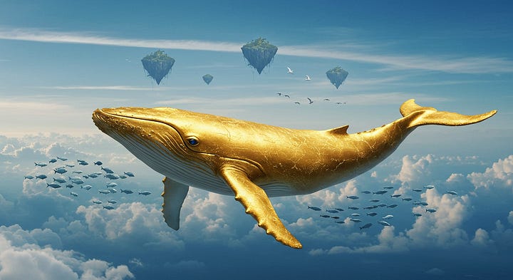 Images of a Golden Whale, Silver Shark, A Knight in a futuristic city and a Futuristic Chateau
