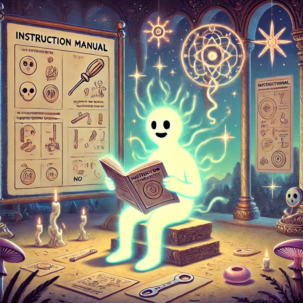 A whimsical and slightly comical depiction of a glowing, ethereal soul figure sitting in a mystical environment. The soul is holding an open modern instruction manual with blank pages featuring clear spaces for humorous illustrations (no text). The manual's diagrams are simple, focusing on absurd or playful situations without written words. Surrounding elements include floating mystical tools like a screwdriver and a hammer hovering comically in the air. The background features a magical landscape with exaggerated, playful details like oversized glowing mushrooms and winking stars. The overall mood is lighthearted and funny.