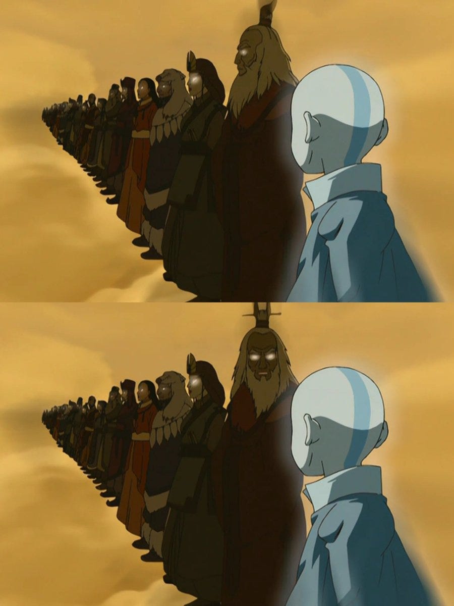 Generations of Avatars past turn to look at Aang Generations of Avatars past turn to look at Aang