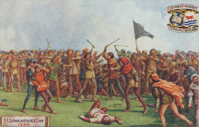 St Scholastica Day riot — Howard Davie (1868-1943) Further details of postcard at File:Reverse of St Scholastica Day riot postcard.jpg / Public domain (via Wikipedia) St Scholastica Day riot — Howard Davie (1868-1943) Further details of postcard at File:Reverse of St Scholastica Day riot postcard.jpg / Public domain (via Wikipedia)