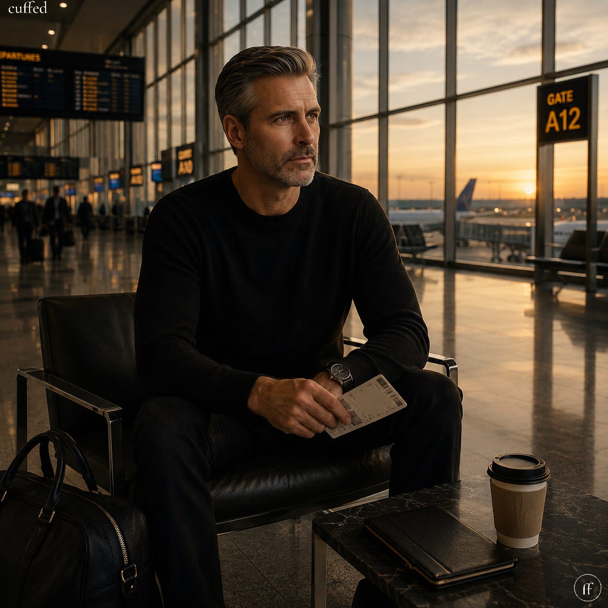 man in black sweater seated alone at airport gate at sunset, holding boarding pass, leather bag at his feet, coffee on table beside him. gaze forward, expression still and contemplative. cinematic warm light through floor-to-ceiling windows. masculine introspection | cuffed