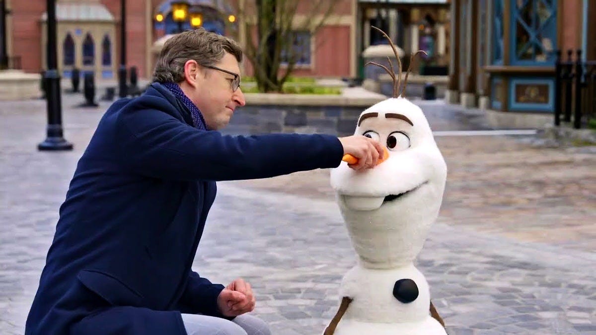The robot Olaf loses his nose in World of Frozen at Disneyland Paris. Image: Walt Disney Imagineering The robot Olaf loses his nose in World of Frozen at Disneyland Paris. Image: Walt Disney Imagineering