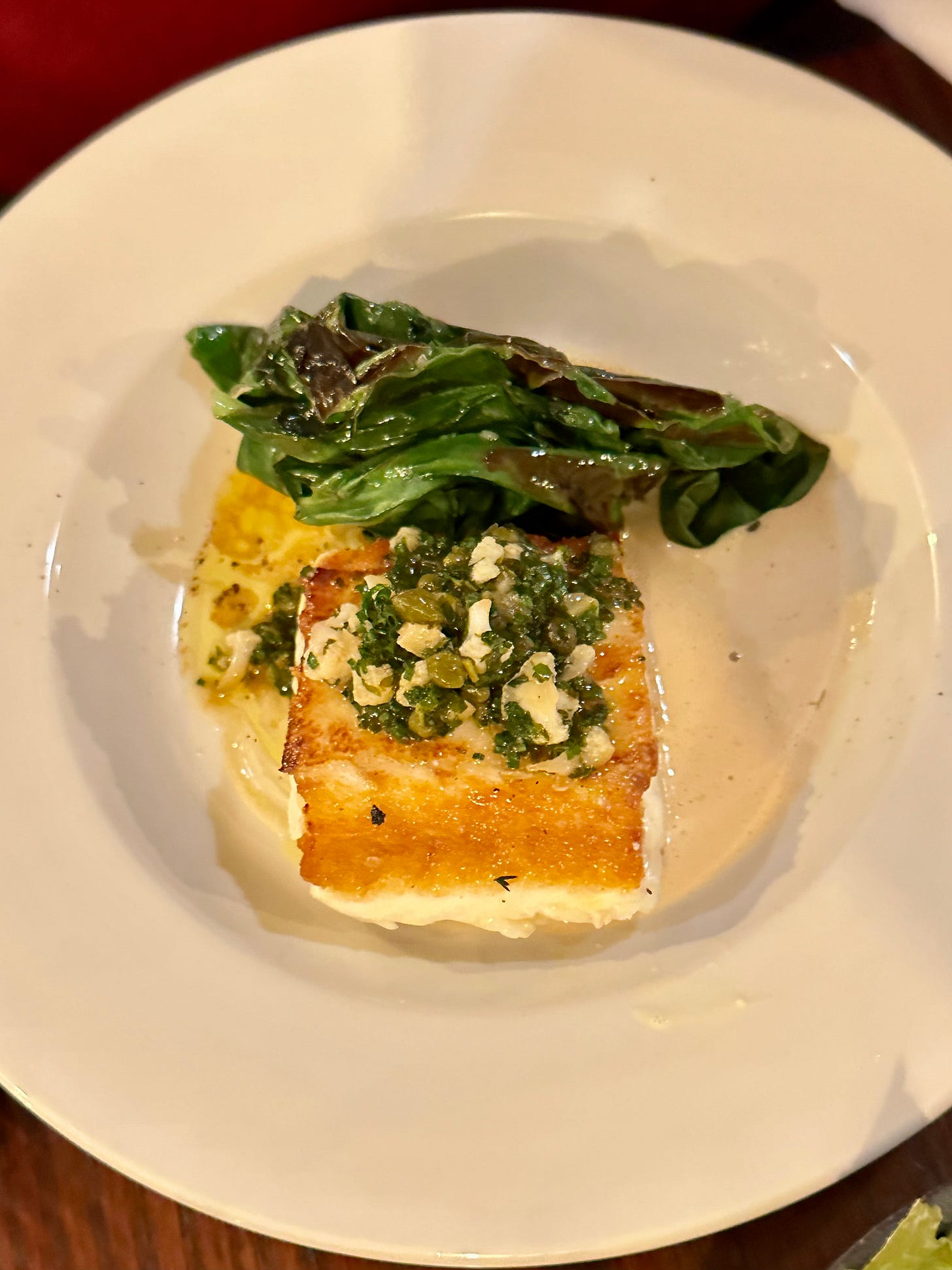 Halibut grenobloise with artichoke purée at Forêt