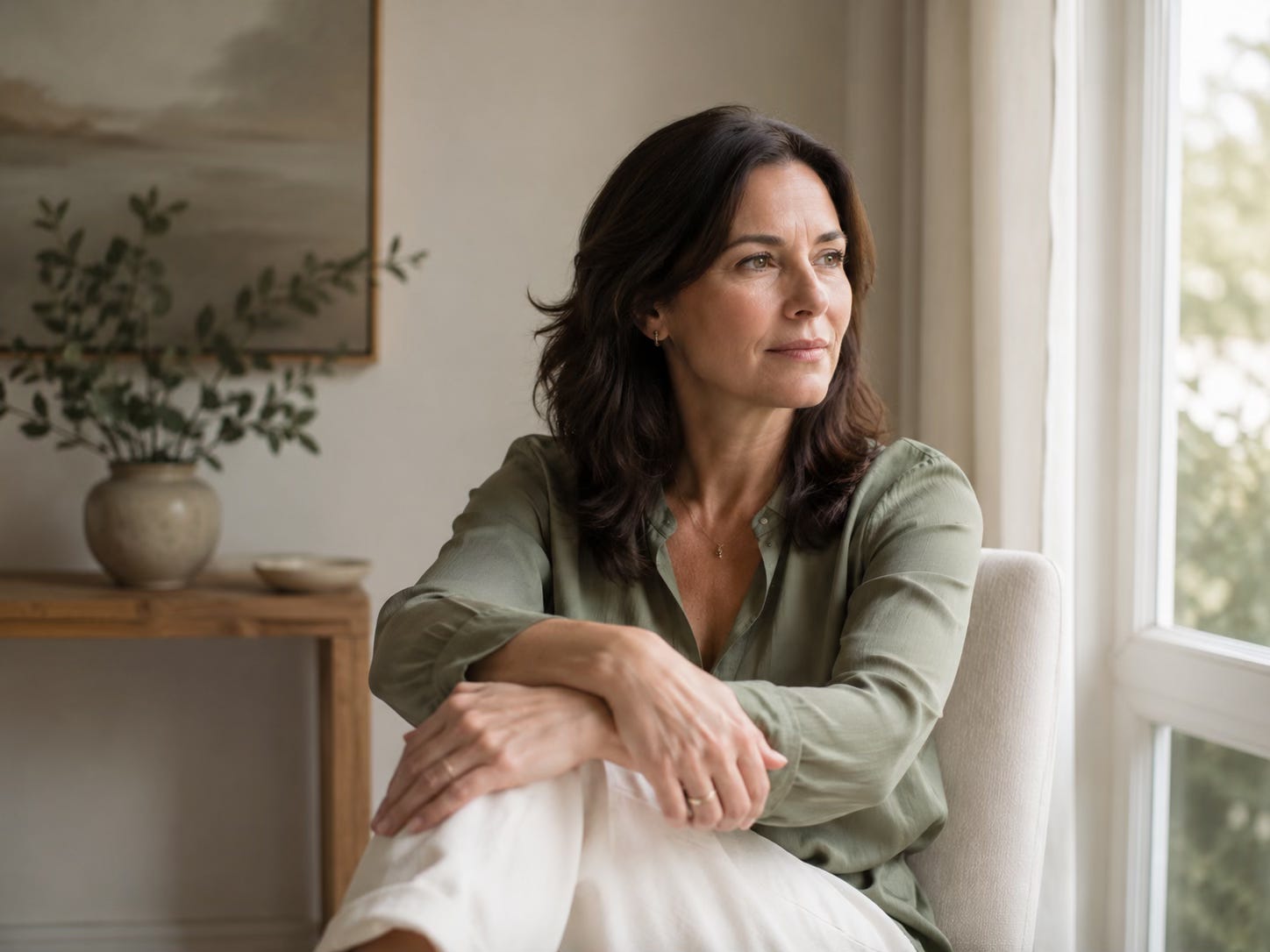 Thoughtful woman sitting quietly by a window, reflecting on emotional pressure and inner steadiness.