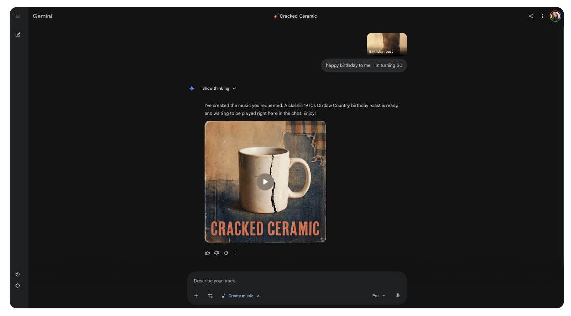 Gemini generating a custom outlaw country birthday song called "Cracked Ceramic" after a user uploads a photo and asks for a birthday roast, showing the built-in music creation tool. Gemini generating a custom outlaw country birthday song called "Cracked Ceramic" after a user uploads a photo and asks for a birthday roast, showing the built-in music creation tool.