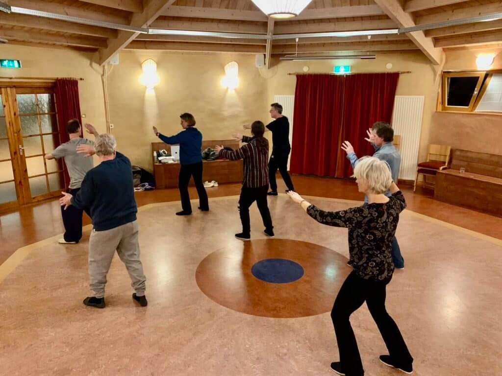 Tai Chi les, houding "Spreid de armen als een waaier". Leraar Ronald de Caluwé staat op de foto achteraan, in het zwart. Tai Chi les, houding "Spreid de armen als een waaier". Leraar Ronald de Caluwé staat op de foto achteraan, in het zwart.