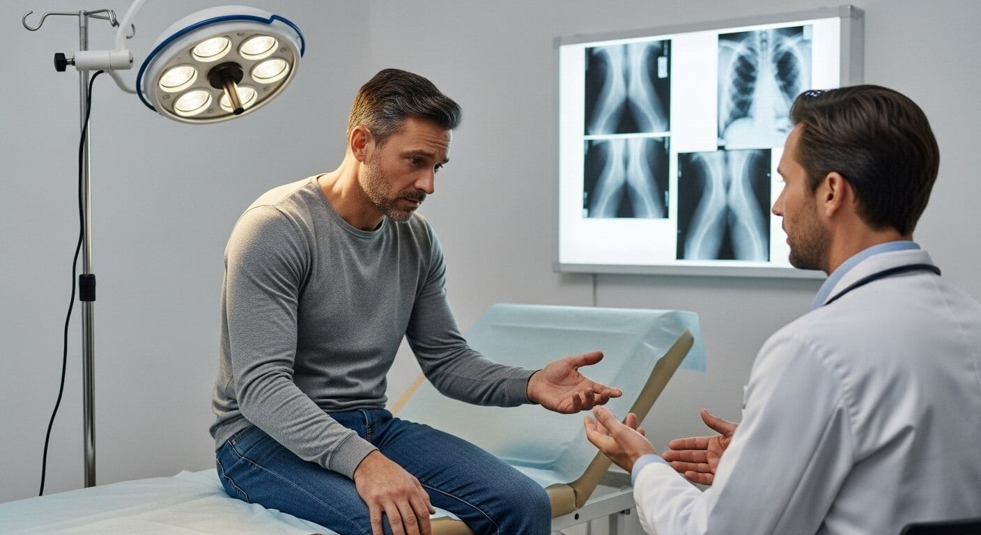 Bow legs surgery patient disappointed with results discussing failed bow legs correction with orthopedic surgeon