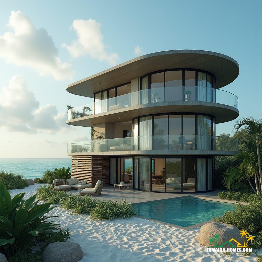 A majestic 4-storey steel frame round beach home in Jamaica, Caribbean, with protruding balconies, bathed in warm cinematic lighting 