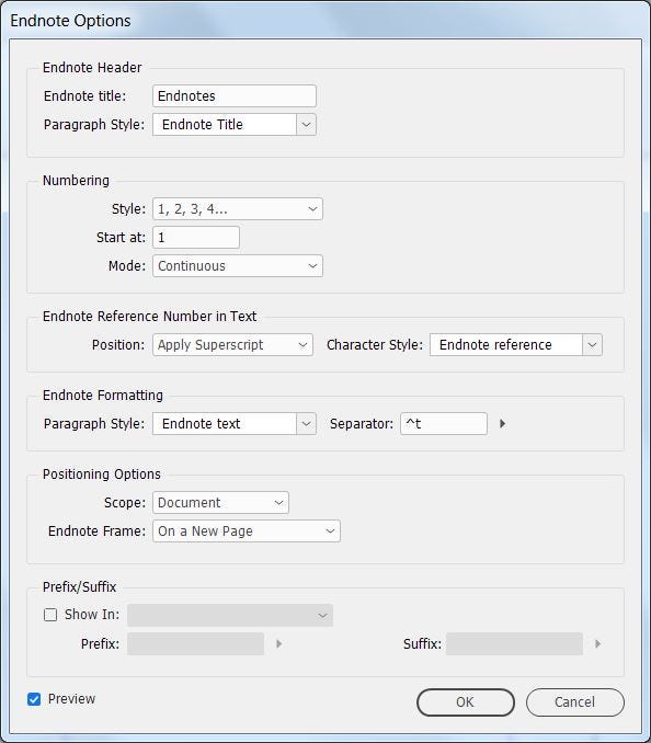 InDesign Endnotes Options dialog box